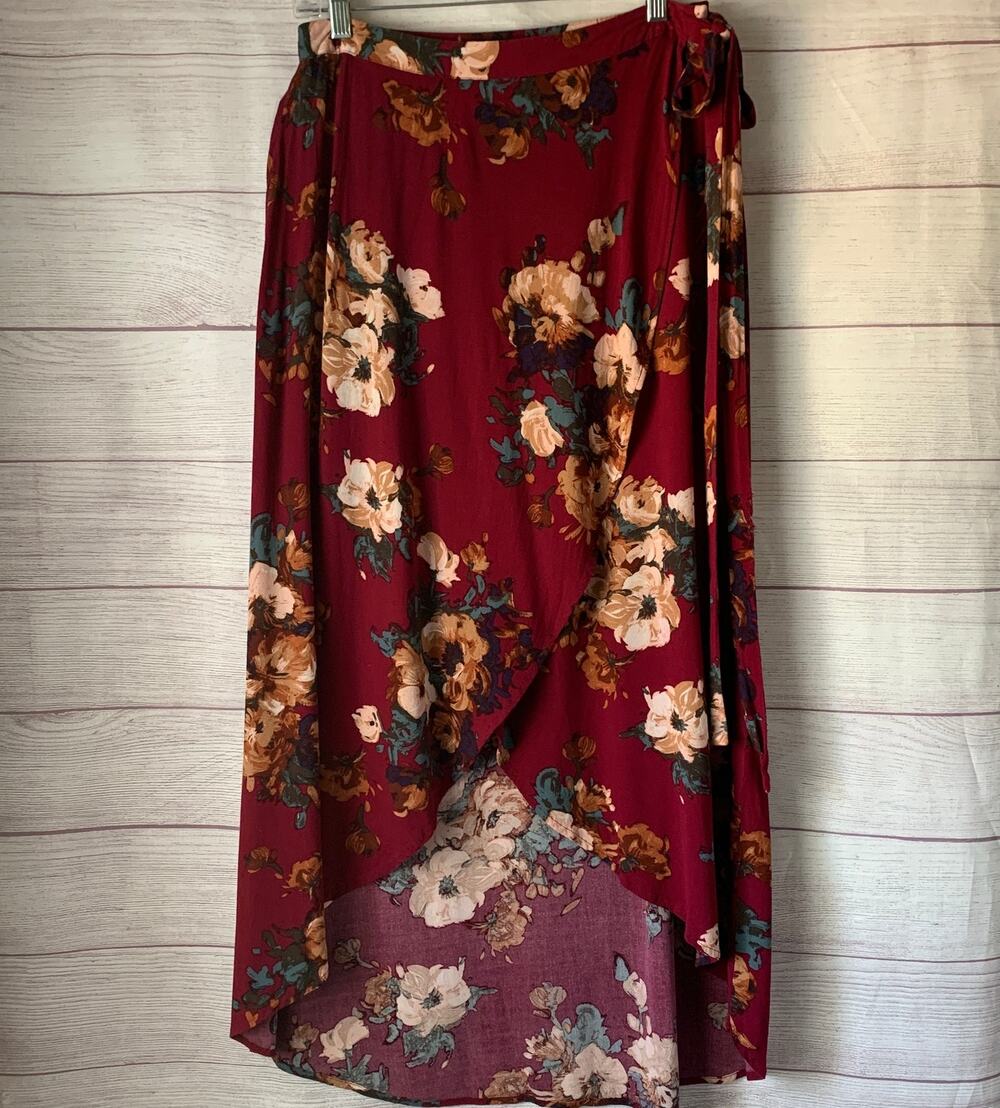Blu Pepper Raspberry Floral Faux Wrap Midi Skirt High Low Boho Size M
